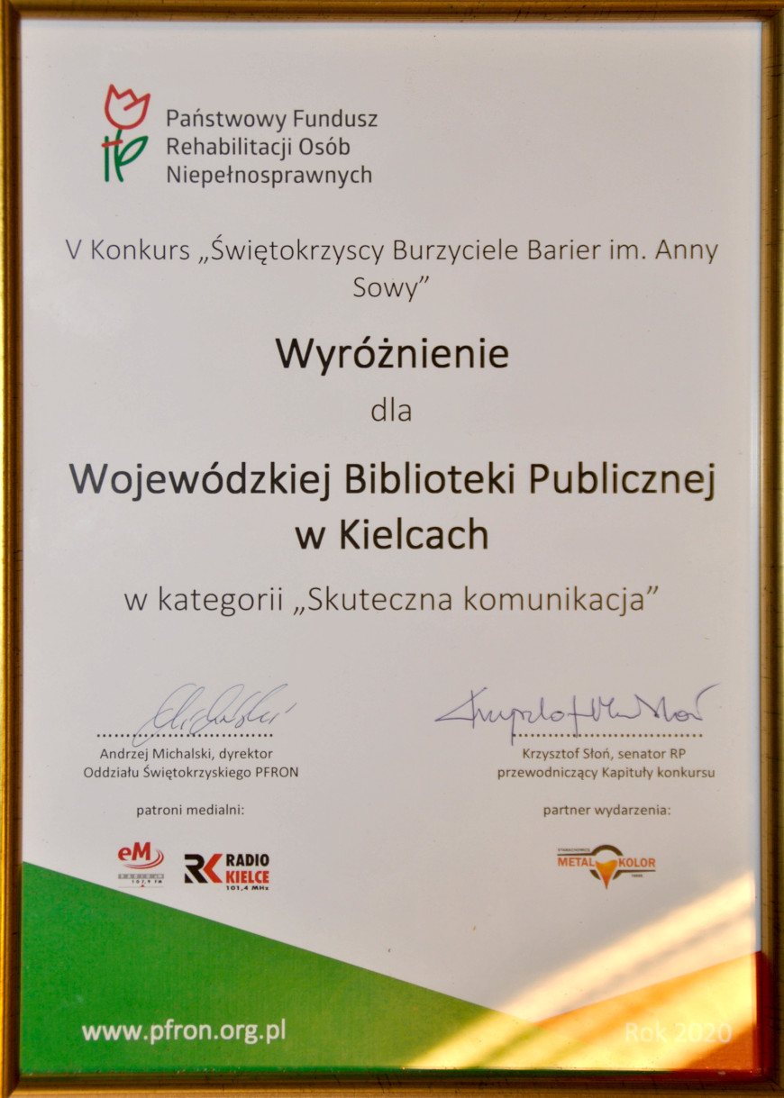 wyróżnieniu dla naszej Biblioteki w ramach V Konkursu "Świętokrzyscy Burzyciele Barier im. Anny Sowy"
