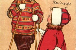 zimowe zabawy dzieci, śnieg, śpiew i sanki