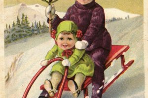 zimowe zabawy dzieci, śnieg, śpiew i sanki