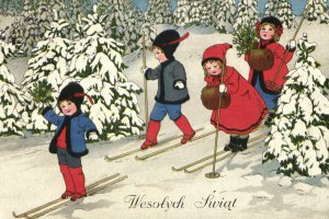 zimowe zabawy dzieci, śnieg, śpiew i sanki