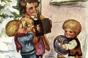 zimowe zabawy dzieci, śnieg, śpiew i sanki