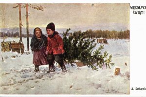 pocztówka na święta, choinka i śnieg