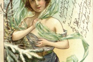 pocztówka na święta, choinka i śnieg